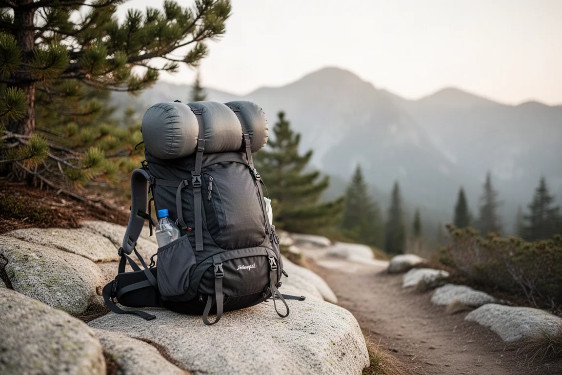 Loaded hiking backpack with a bulky stuff sack on granite beside a trail