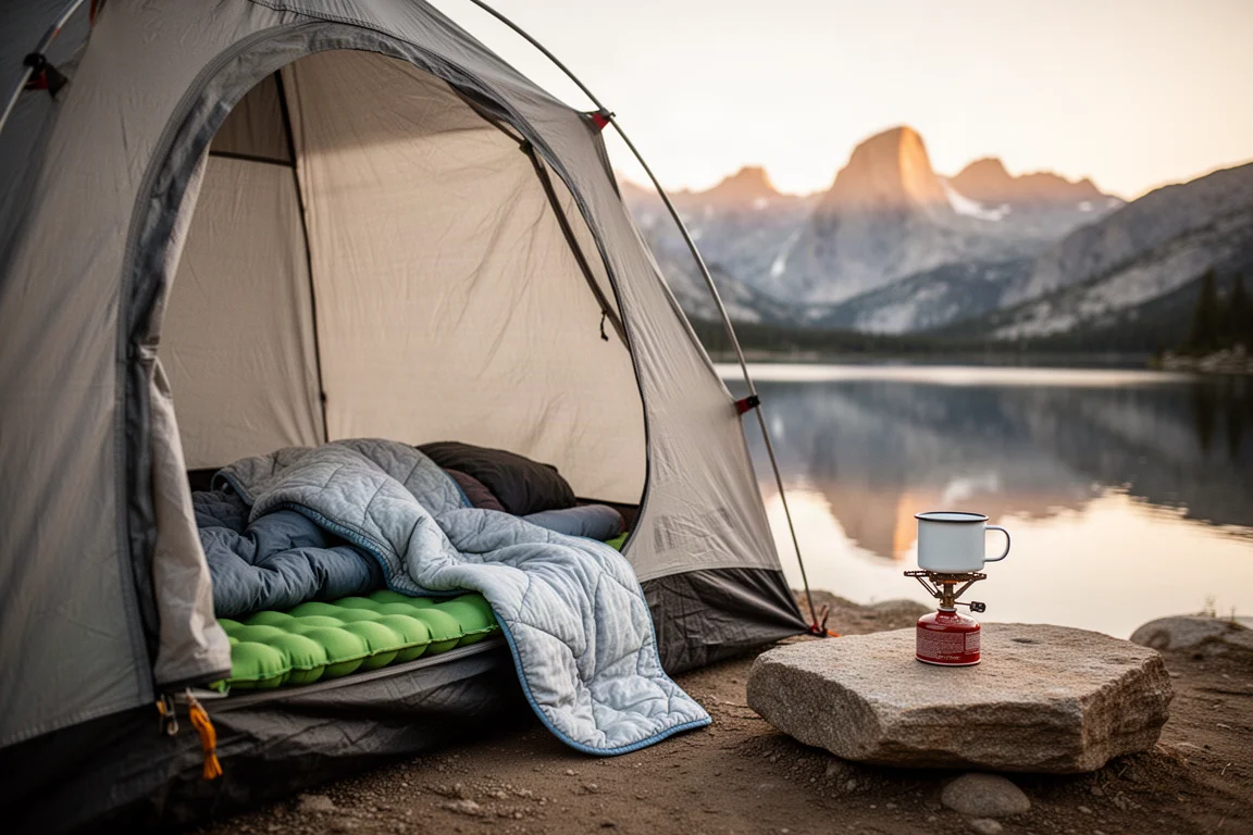 Sleeping setup inside a tent at sunrise overlooking an alpine lake
