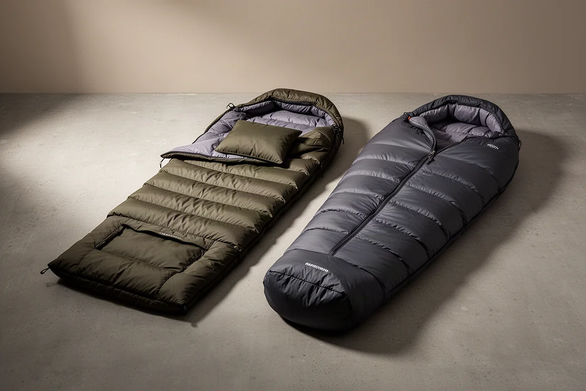 Down backpacking quilt and mummy sleeping bag side by side on a concrete surface