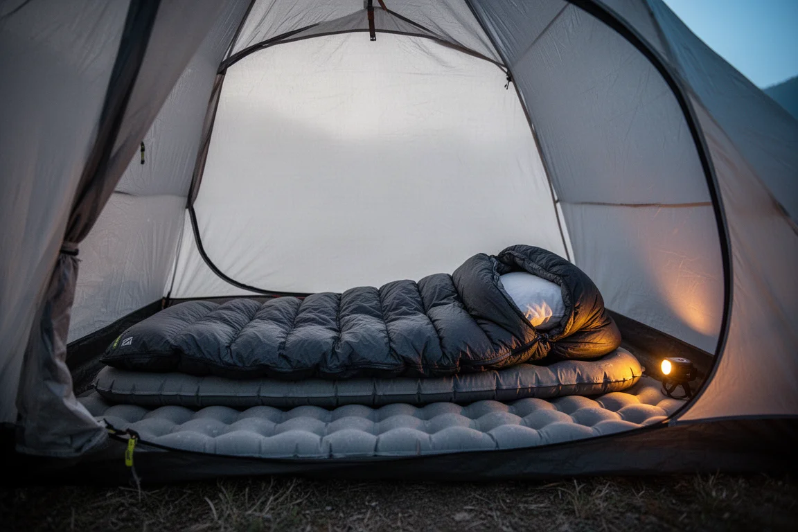 Interior de uma barraca de backpacking ao anoitecer com pad e colcha de dormir montados