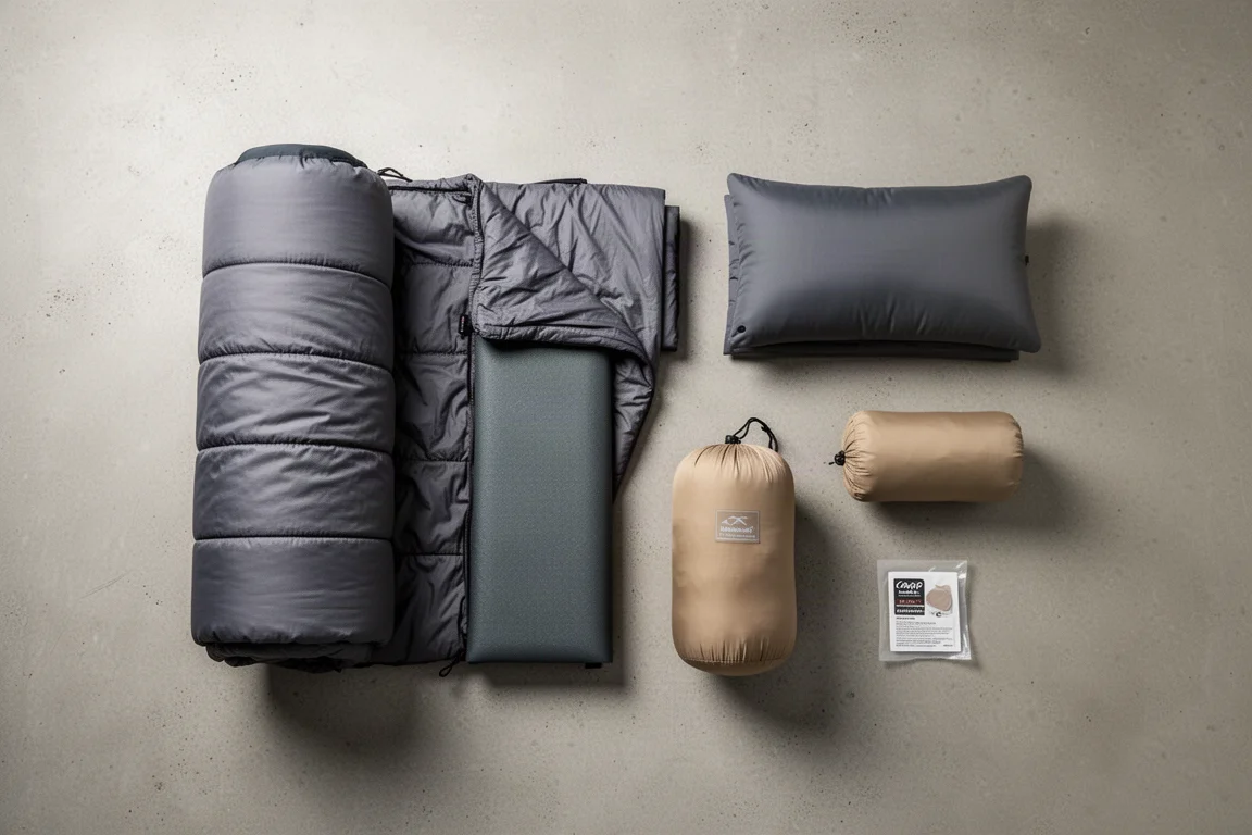 Vista superior de itens essenciais para dormir em backpacking dispostos sobre uma superfície de concreto