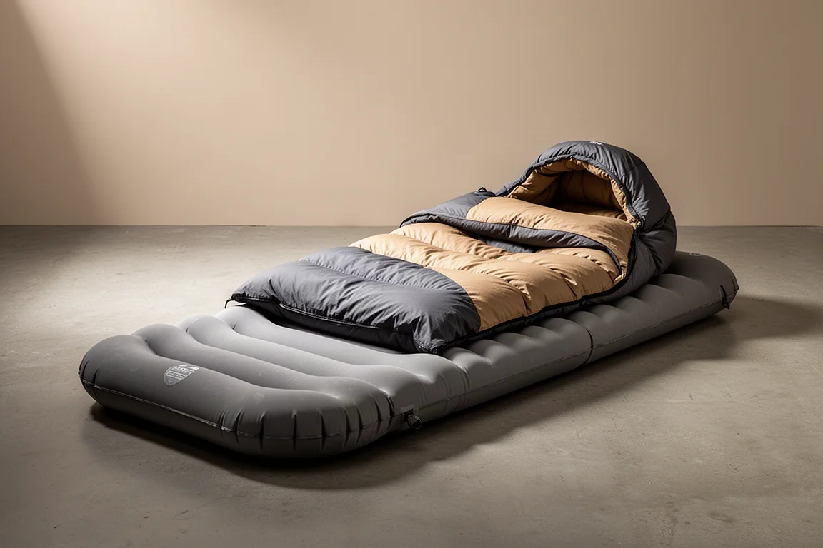 Inflated sleeping pad with oversized quilt laid out on a neutral studio surface