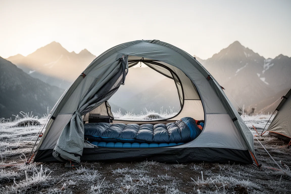 Backpacking-Zelt auf frostbedecktem alpinen Boden im ersten Licht