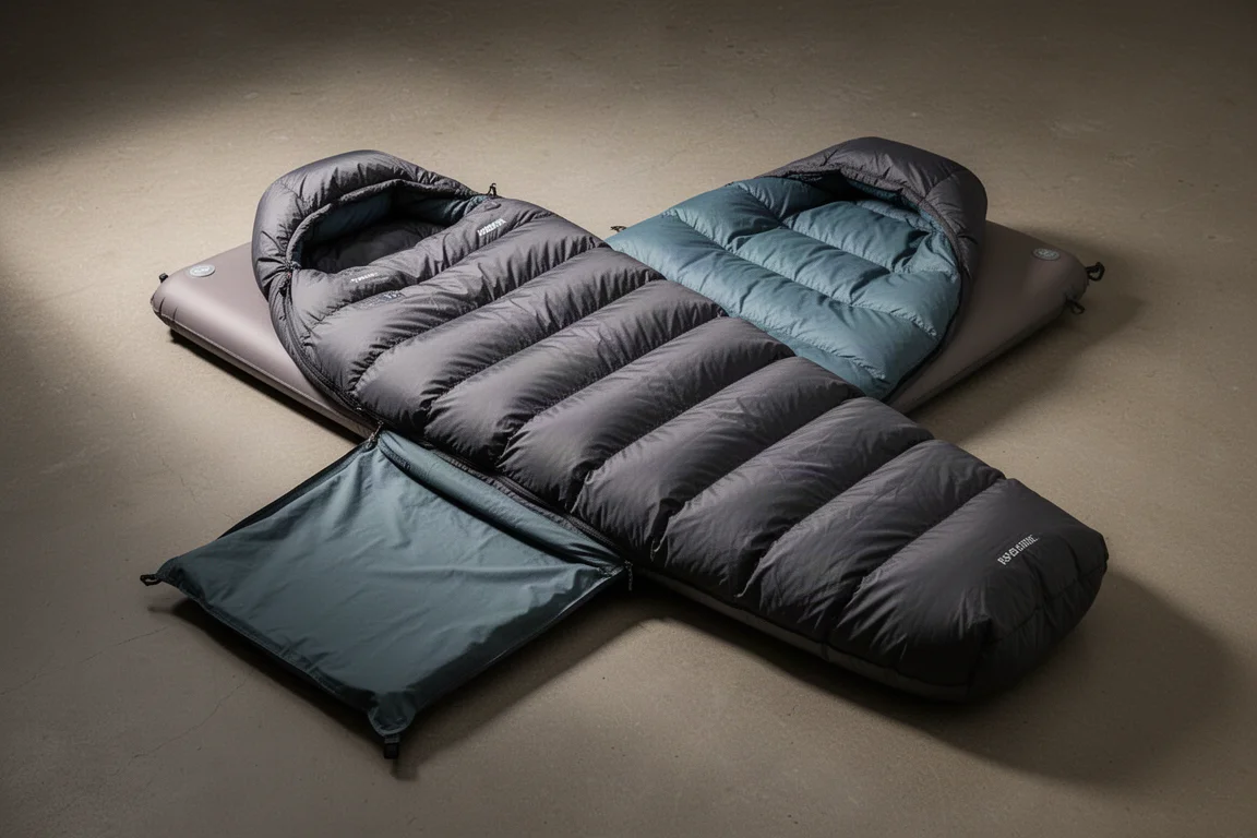 Modular backpacking sleep system components laid out on a concrete surface