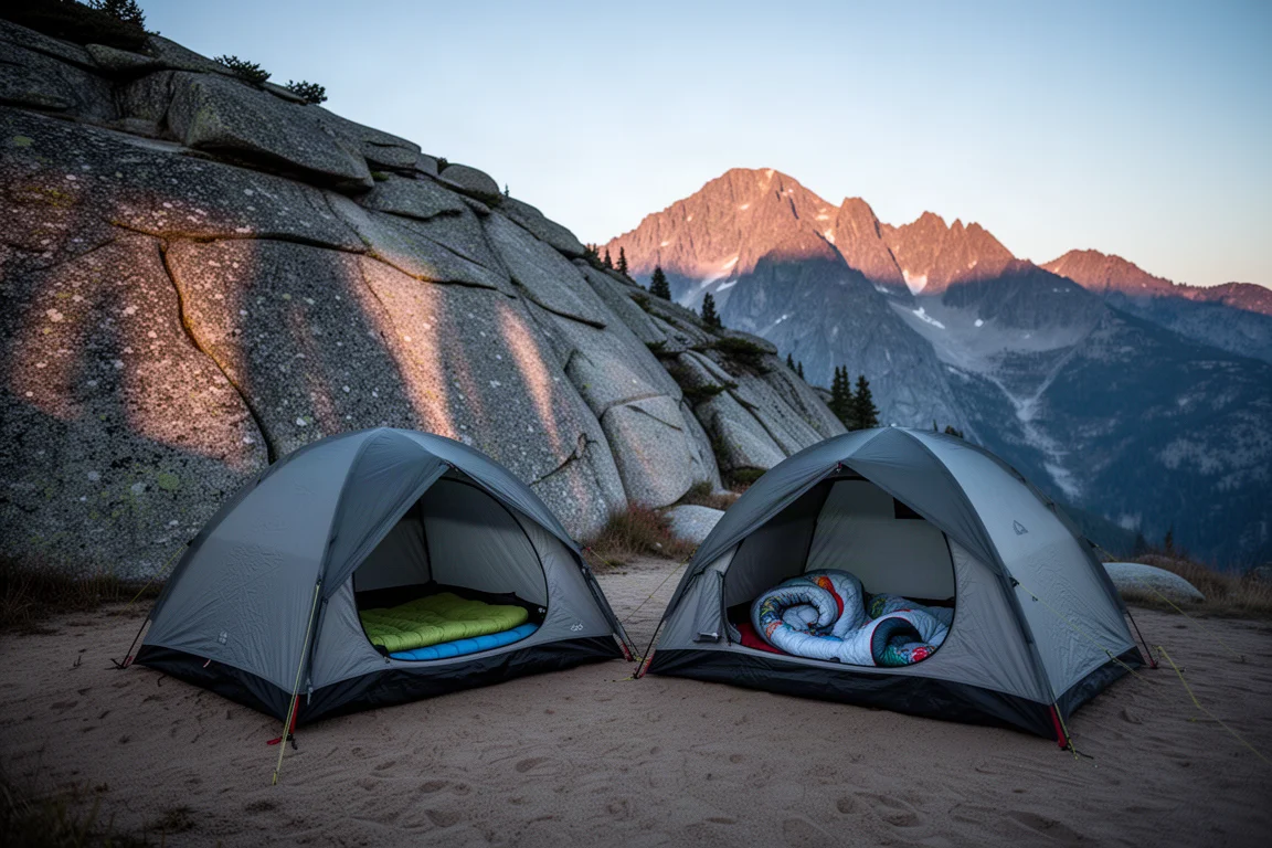Bivouac alpin au crépuscule avec deux tentes sur une clairière sableuse sous une crête de granite