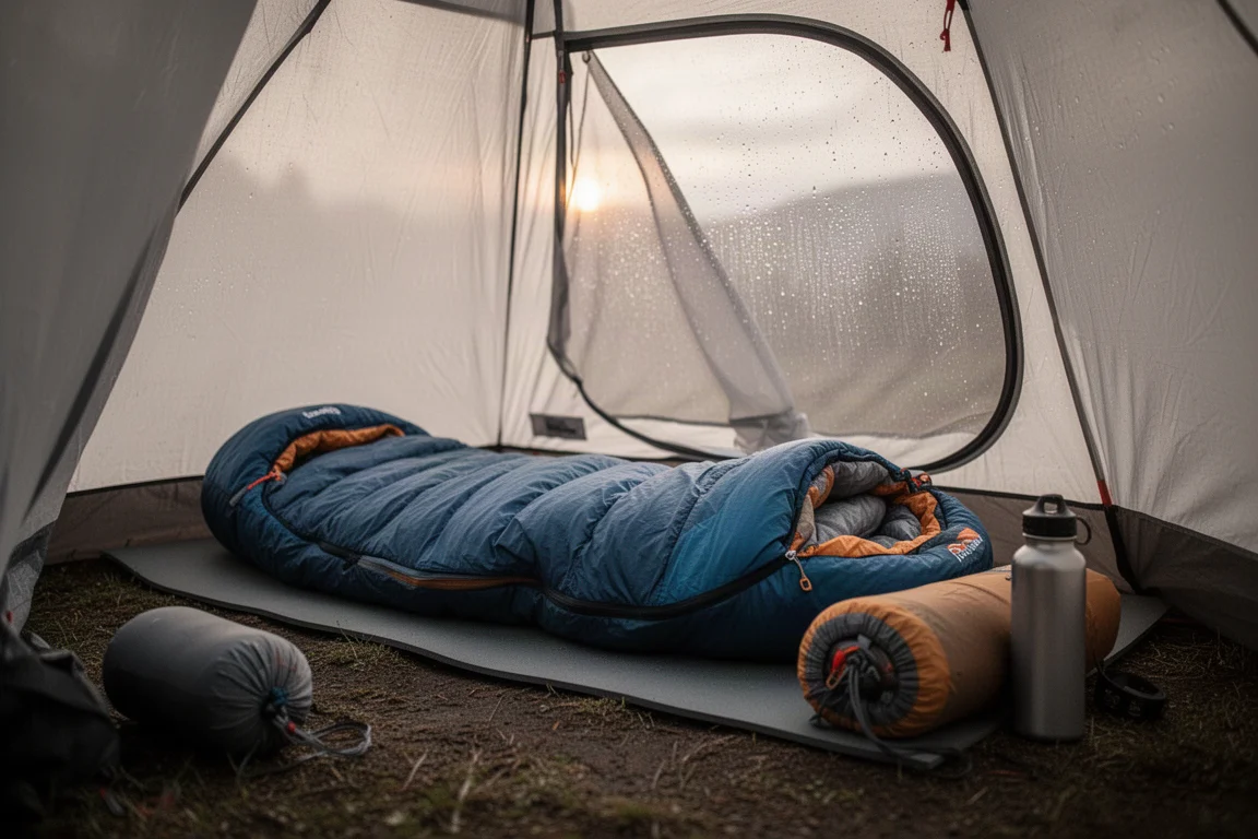 Intérieur de tente à l'aube avec un sac de couchage momie à demi ouvert sur un matelas fin