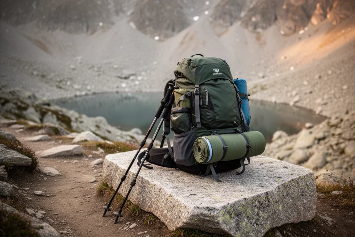 Sac à dos de randonnée chargé avec un système de couchage roulé attaché, au bord d'un sentier de montagne
