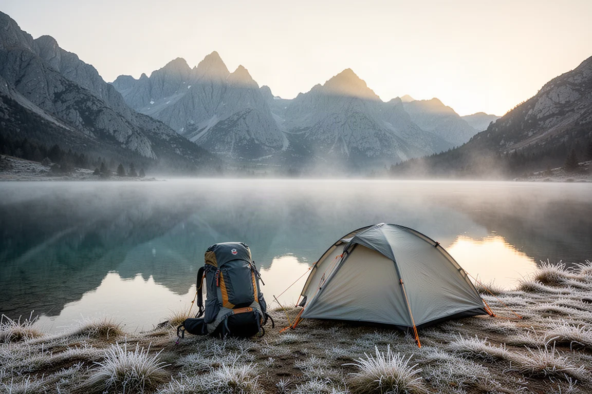 Petite tente au bord d'un lac alpin au lever du soleil, avec de la brume sur l'eau calme