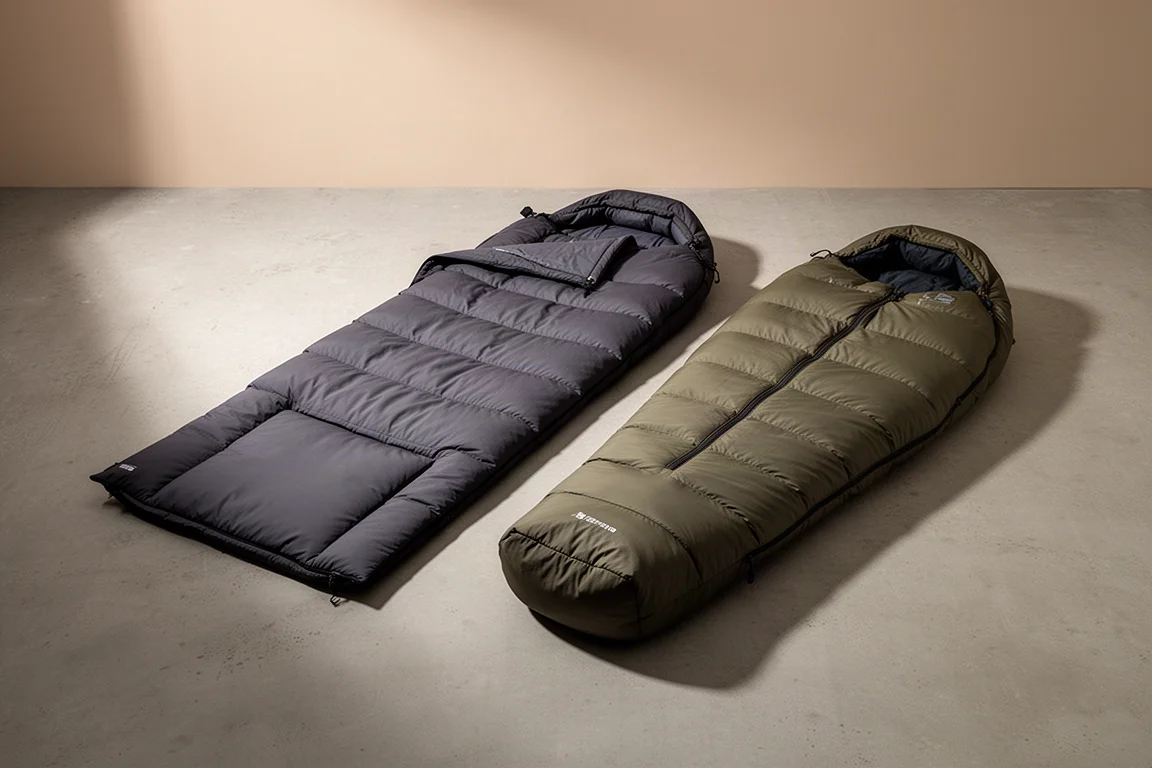 Quilt-style backpacking sleep system and mummy sleeping bag side by side on concrete