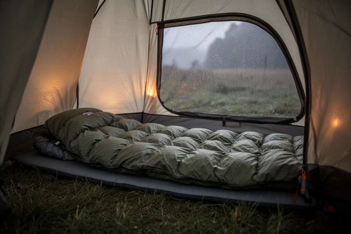 Insida av backpacking-tält i skymningen med en bred quilt och liggunderlag uppställt