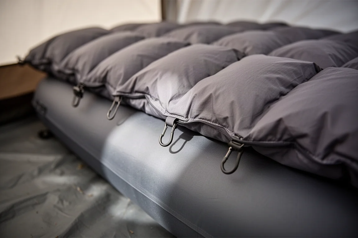 Närbild på quiltens kantshakar som fäster en dunsquilt vid ett fitted sheet för liggunderlaget