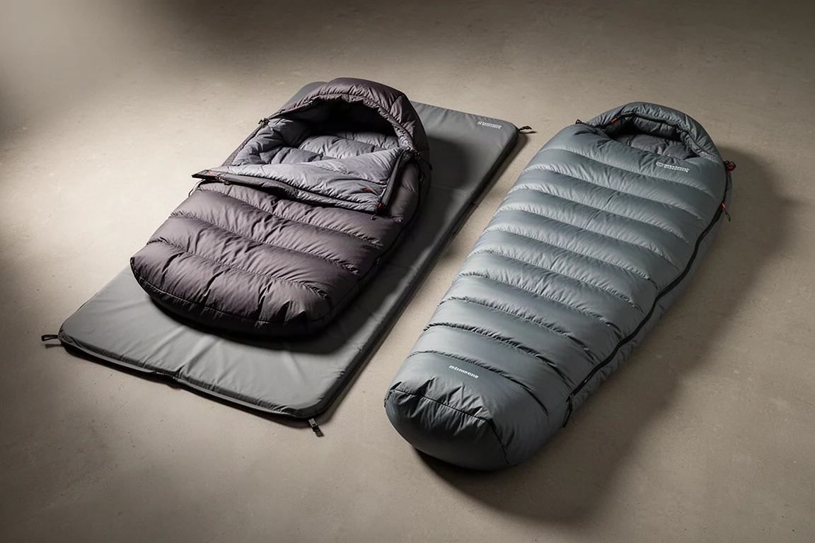 Charcoal down quilt with hood and slate mummy sleeping bag side by side on concrete