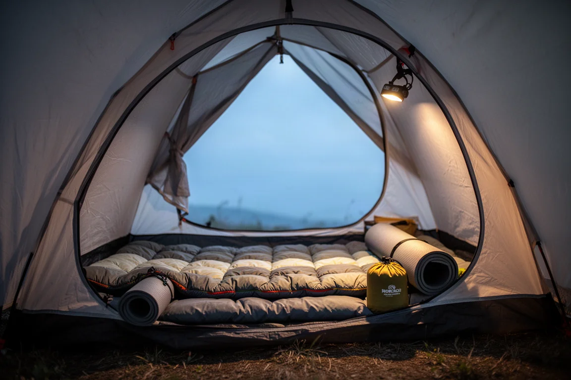 Letto da campeggio in stile quilt steso all'interno di una tenda da trekking leggera al crepuscolo