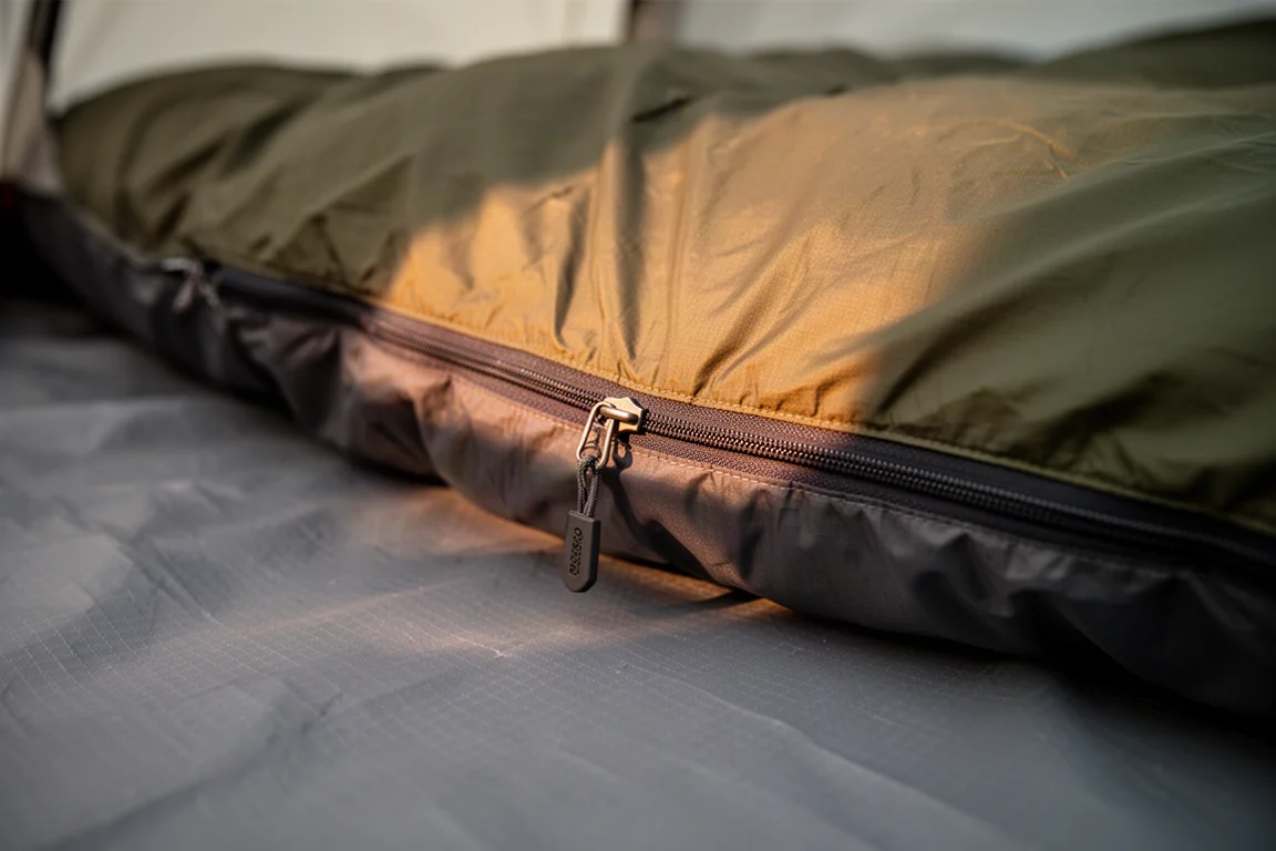 Primo piano di una zip lungo il bordo di un sistema di sonno da campeggio sul fondo di una tenda