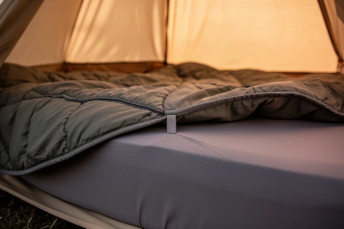 Close-up of a camping quilt edge attached to a fitted mattress sheet inside a tent