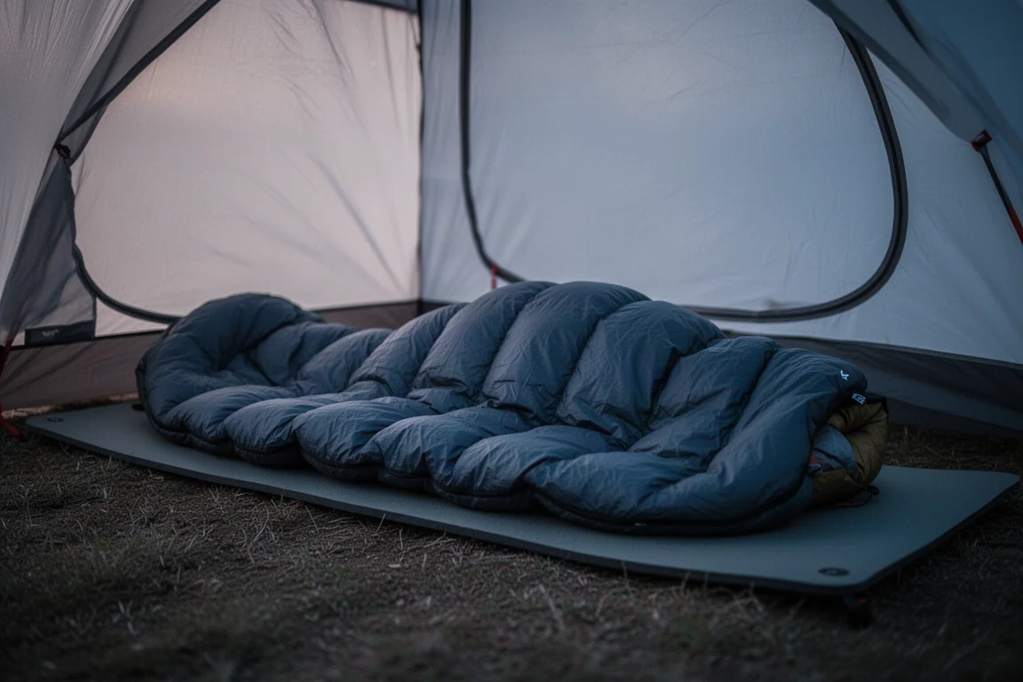 Ultralight camping quilt draped over a slim sleeping pad inside a tent at dusk