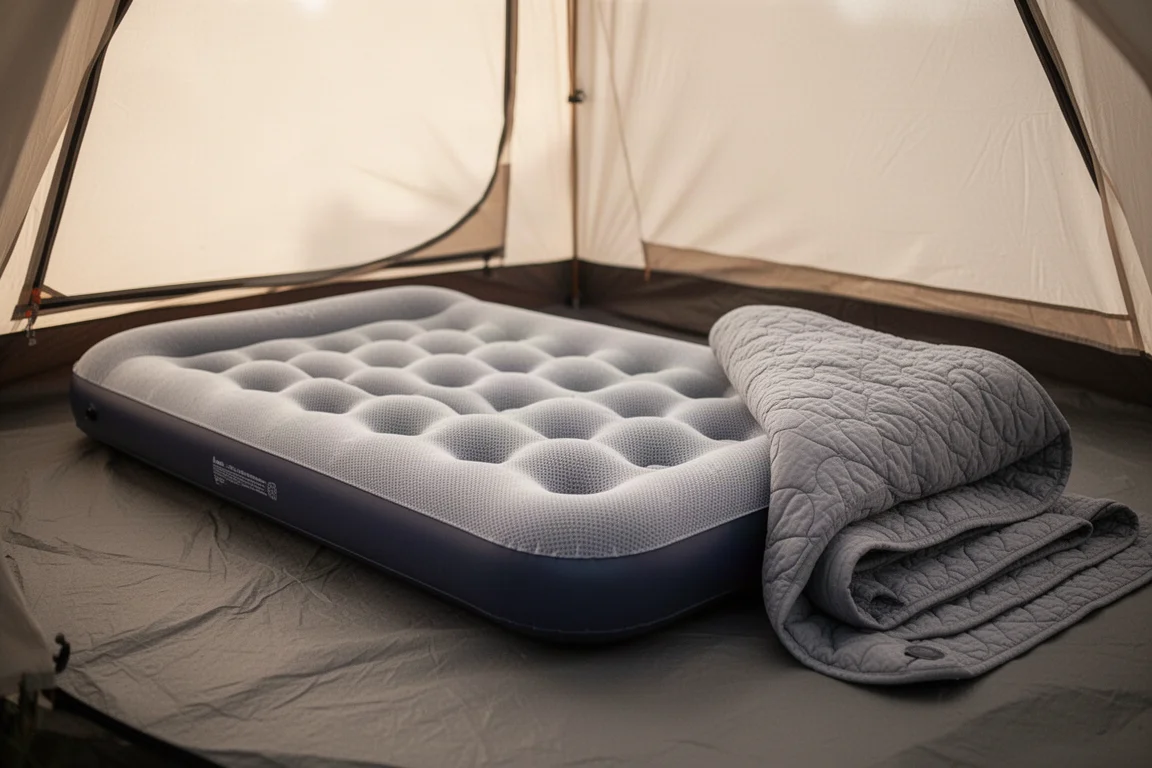 Slim air mattress with a textured stretch knit surface on a tent floor