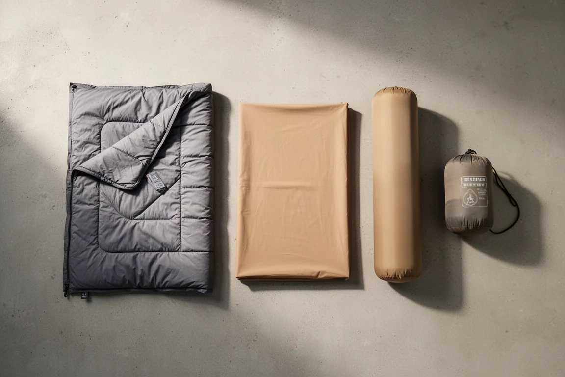 Flat lay of a camping quilt, fitted sheet, folded mattress and stuff sack
