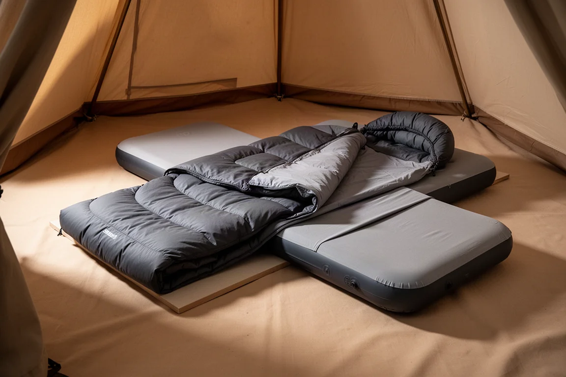 Camping quilt and air mattress sleep system laid out inside a canvas tent