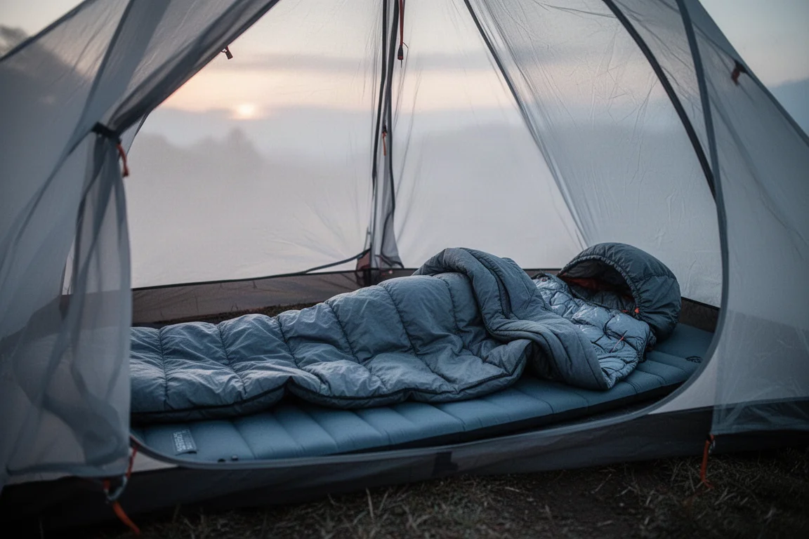 Innenraum eines Trekkingzeltes im Morgengrauen mit Isomatte, Quilt und Kapuzen-Sheet
