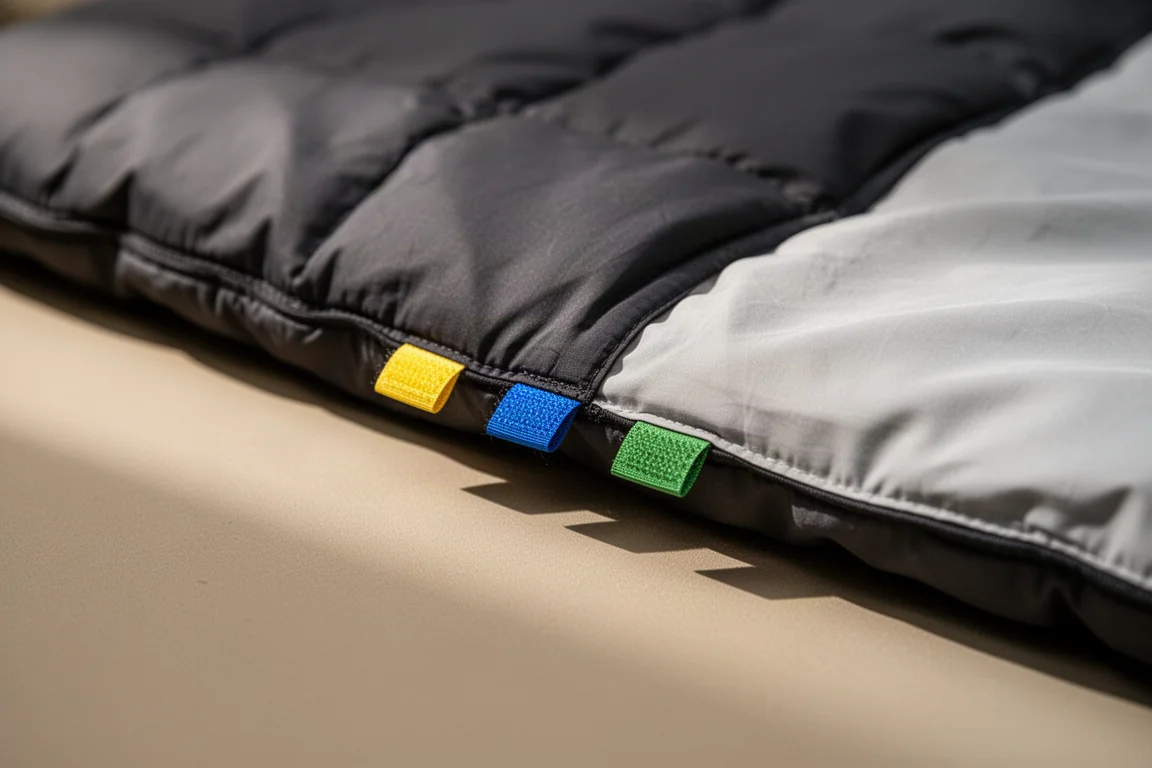 Nahaufnahme farbcodierter Klettverschlusslaschen, die einen Quilt mit einem Schlafsheet verbinden