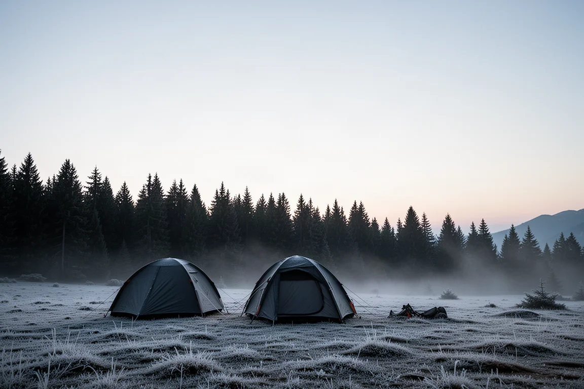 Raureifbedeckter Alpencampingplatz vor Sonnenaufgang mit niedrigem Zelt und Baumgrenze