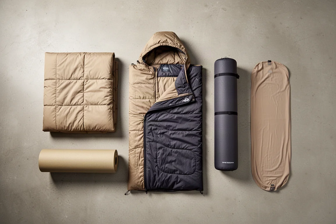 Draufsicht im Flat-Lay von Camping-Quilt, Kapuzen-Sheet, Isomatte und Inlett
