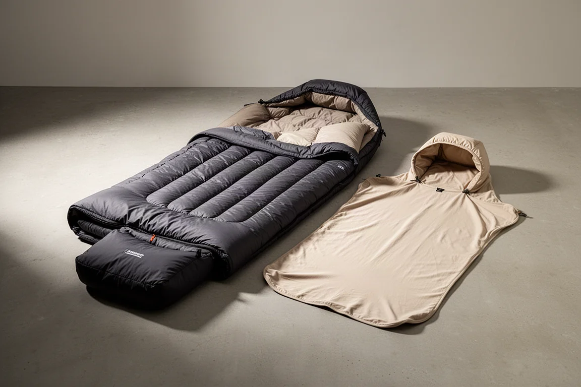 Zen Bivy Core Bed quilt and insulated hooded sheet on a concrete surface