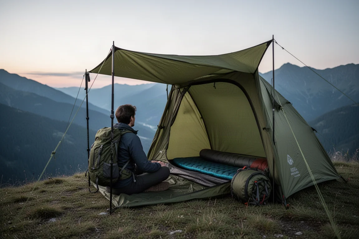 Backpacker solitario seduto all'interno di una tenda da trekking con apertura frontale aperta, con vista su una valle di montagna