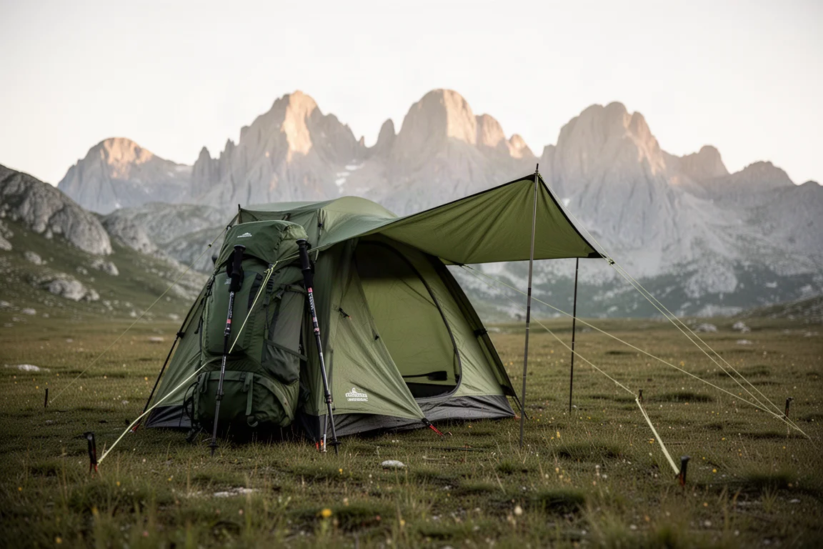 Tenda da trekking con bastoncini fissata su un prato alpino aperto con lunghi tiranti riflettenti