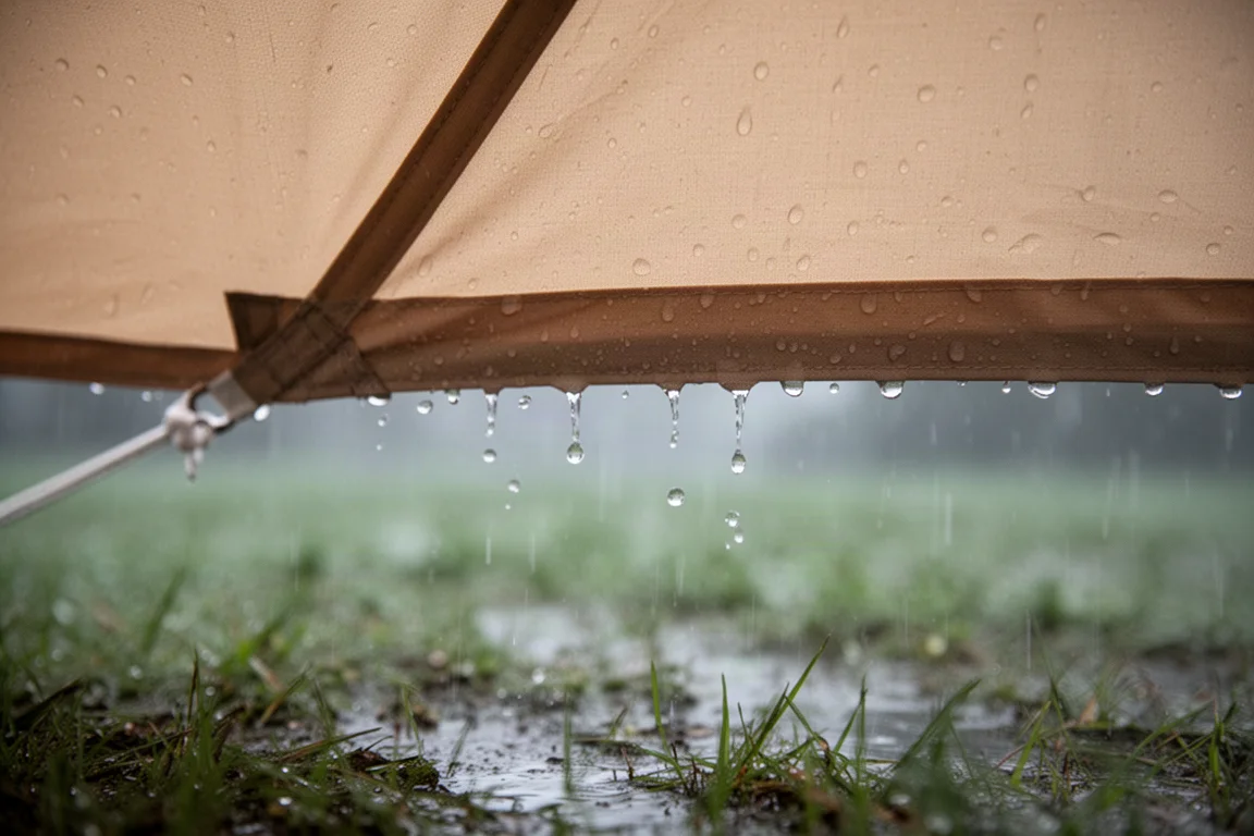 Pioggia che gocciola dalla veranda anteriore di una tenda con una zona asciutta e riparata sotto