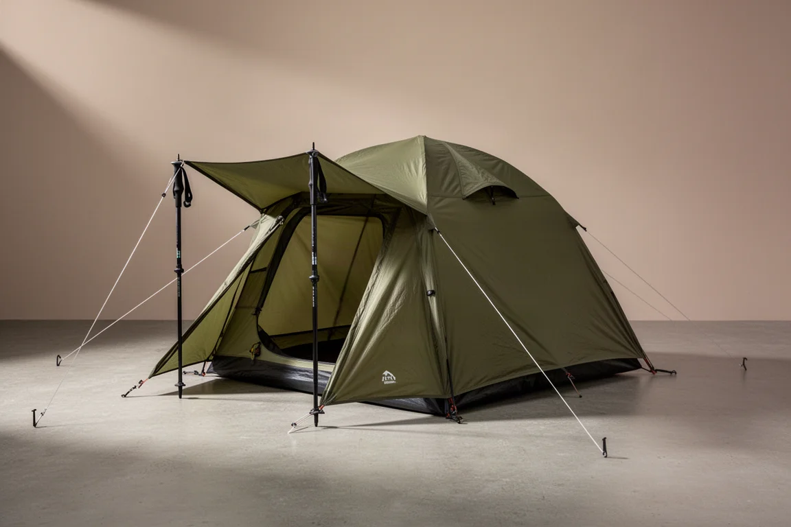 Olive green trekking pole backpacking tent with open front awning pitched on a neutral surface