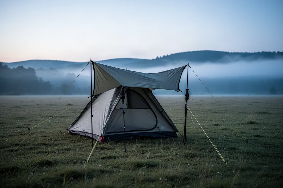 Lightweight trekking pole tent pitched in an open meadow at dusk