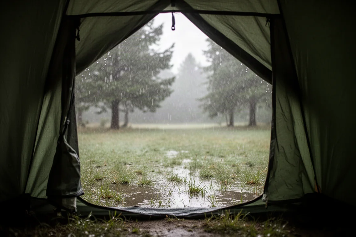 Camper sitting in a tent doorway watching rain fall outside