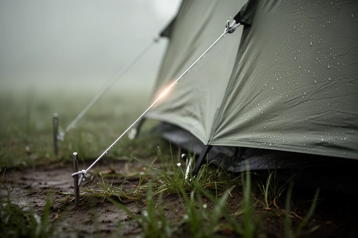 Close-up of reflective guy lines and stakes holding a tent in place
