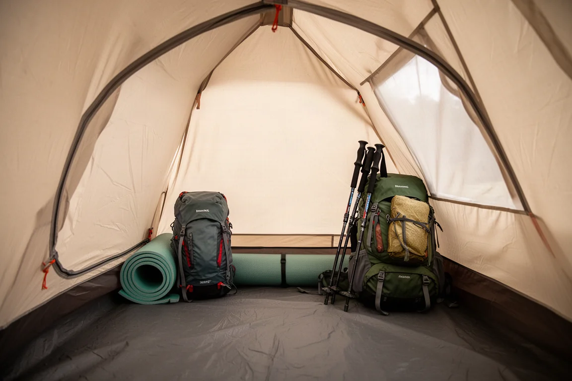 Backpack and sleeping pad laid out inside a small trekking pole tent