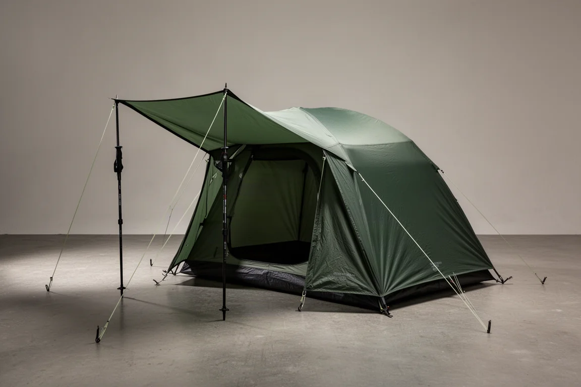 Lightweight trekking pole tent with a lean-to front awning pitched on a neutral surface