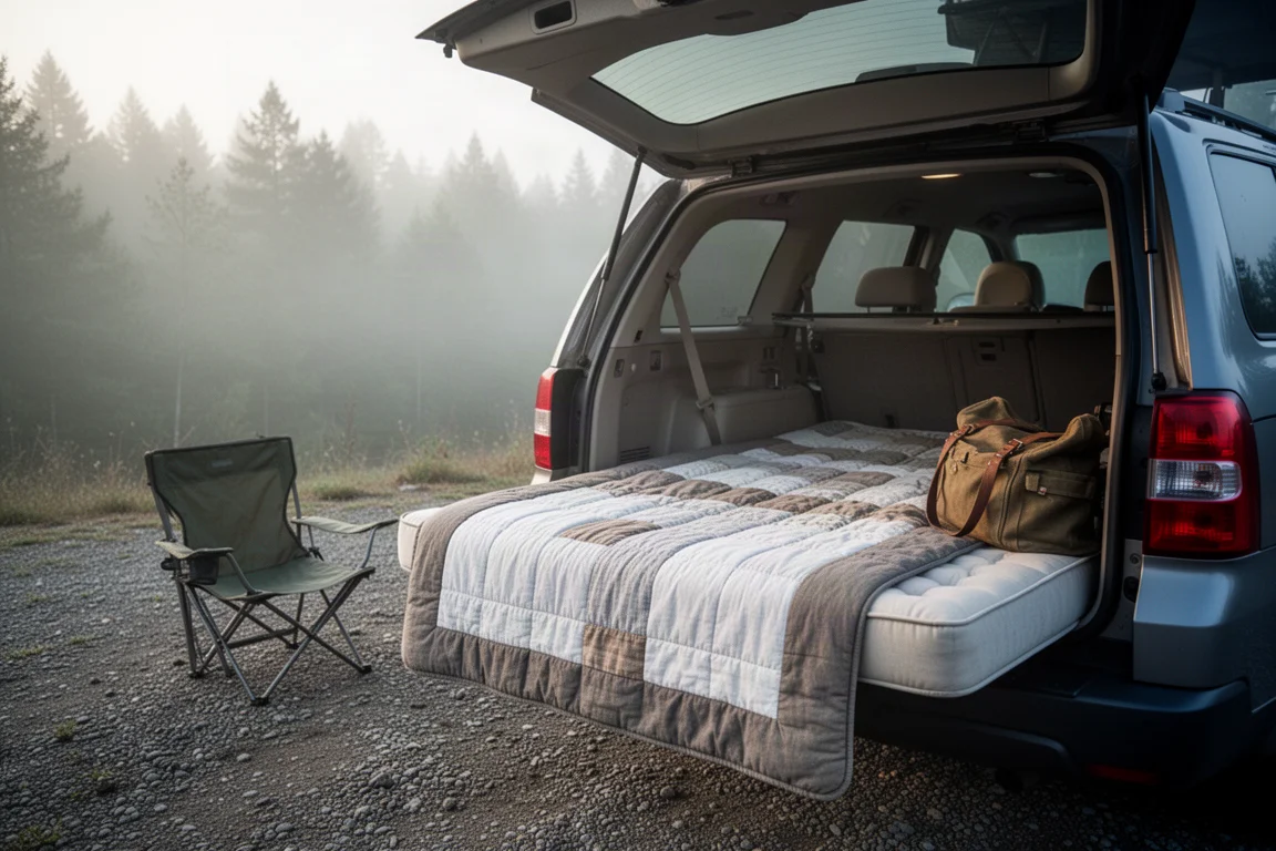 Autocamping-Bettzeug an einer geöffneten Heckklappe an einem nebligen Morgen