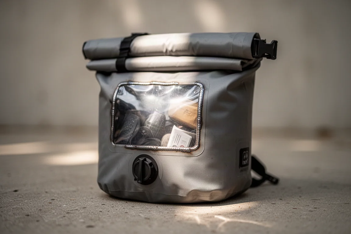 Nahaufnahme eines Rolltop-Dry-Sacks mit Licht durch das klare Sichtfenster