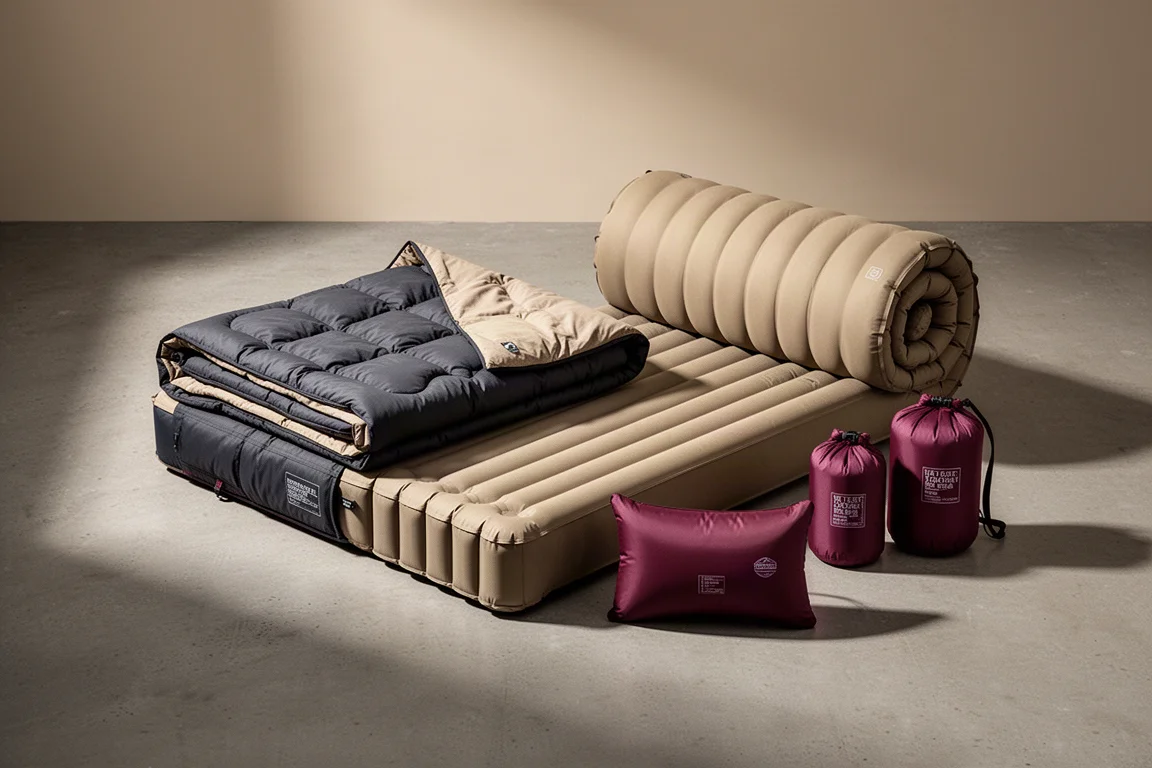Modular camping sleep system with quilt, foam mattress, pillow and dry sacks on concrete