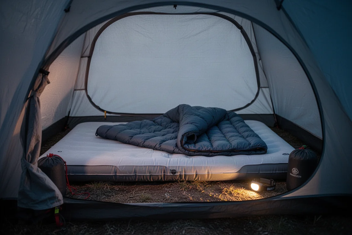 Intérieur de tente au crépuscule avec un matelas fin, un drap ajusté et un quilt semi-rectangulaire posé dessus