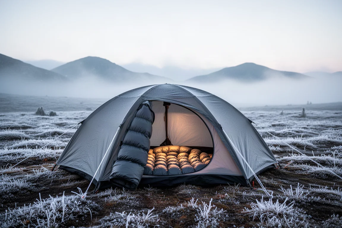 Campement alpin givré à l'aube avec une tente et un quilt en duvet gonflant visible à l'intérieur
