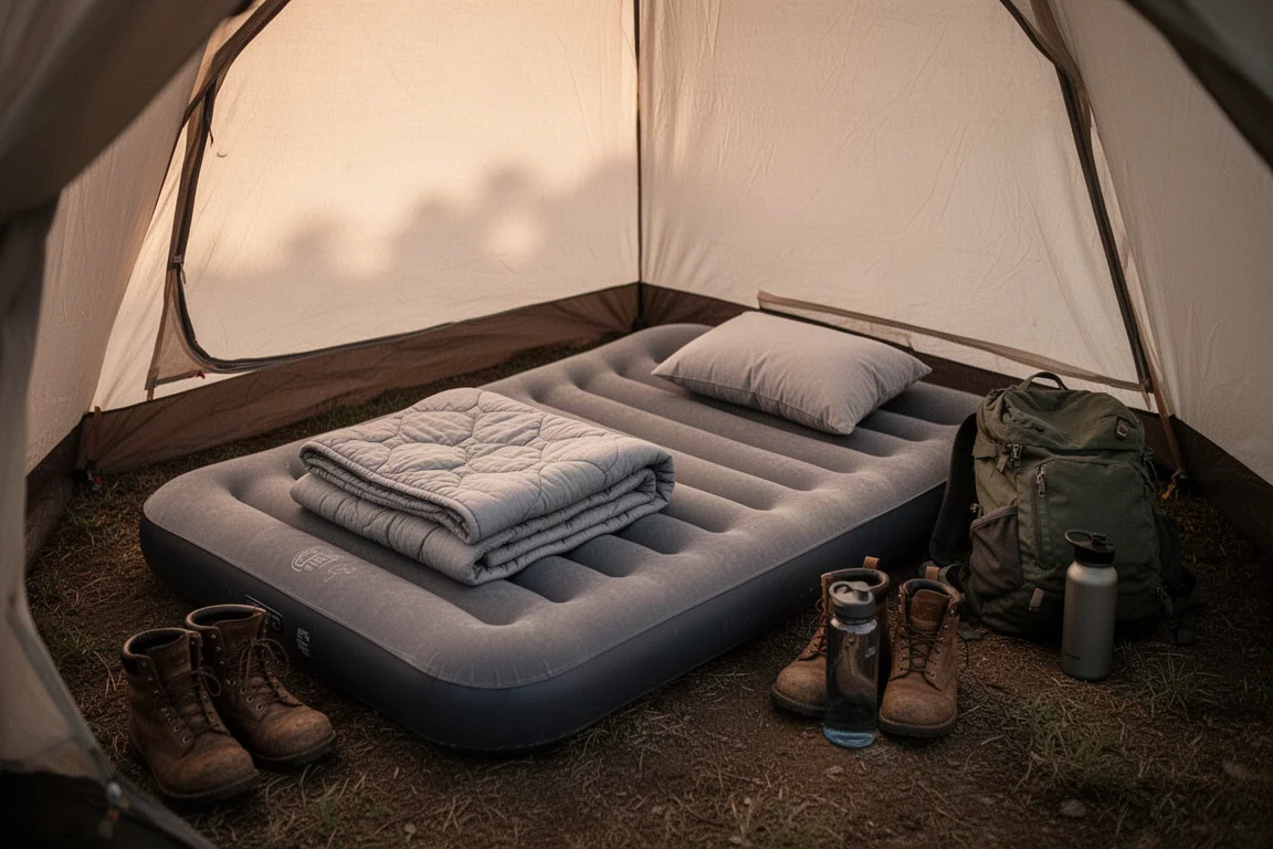 Vue plongeante dans une tente avec un matelas fin, un quilt plié et du matériel de camping