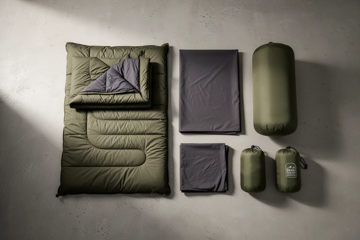 Vue à plat d'un kit de couchage de camping avec quilt, drap, matelas et sacs de rangement