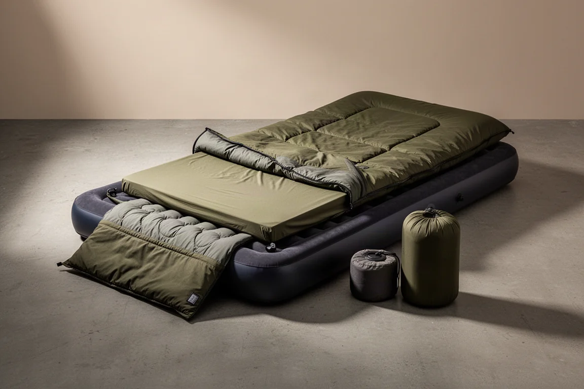 Bed-style camping quilt, sheet panel and low-profile air mattress arranged on concrete