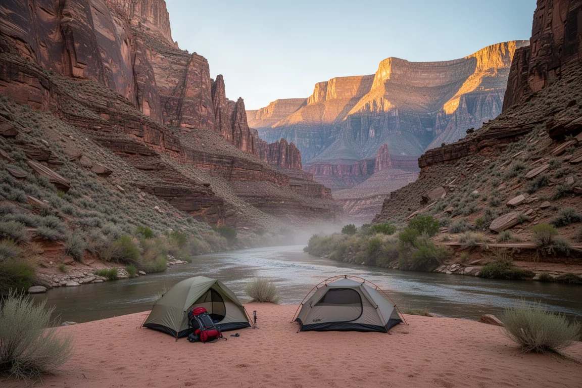 Campeggio remoto in un canyon desertico al crepuscolo con una piccola tenda e calde luci a stringa