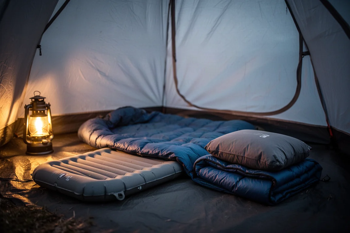 Tenda da backpacking coperta di brina all'alba in un freddo canyon desertico