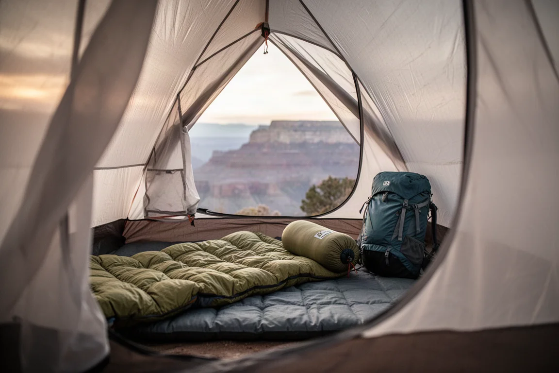 Campamento remoto al atardecer en un cañón desértico con una colchoneta y una colcha extendidas
