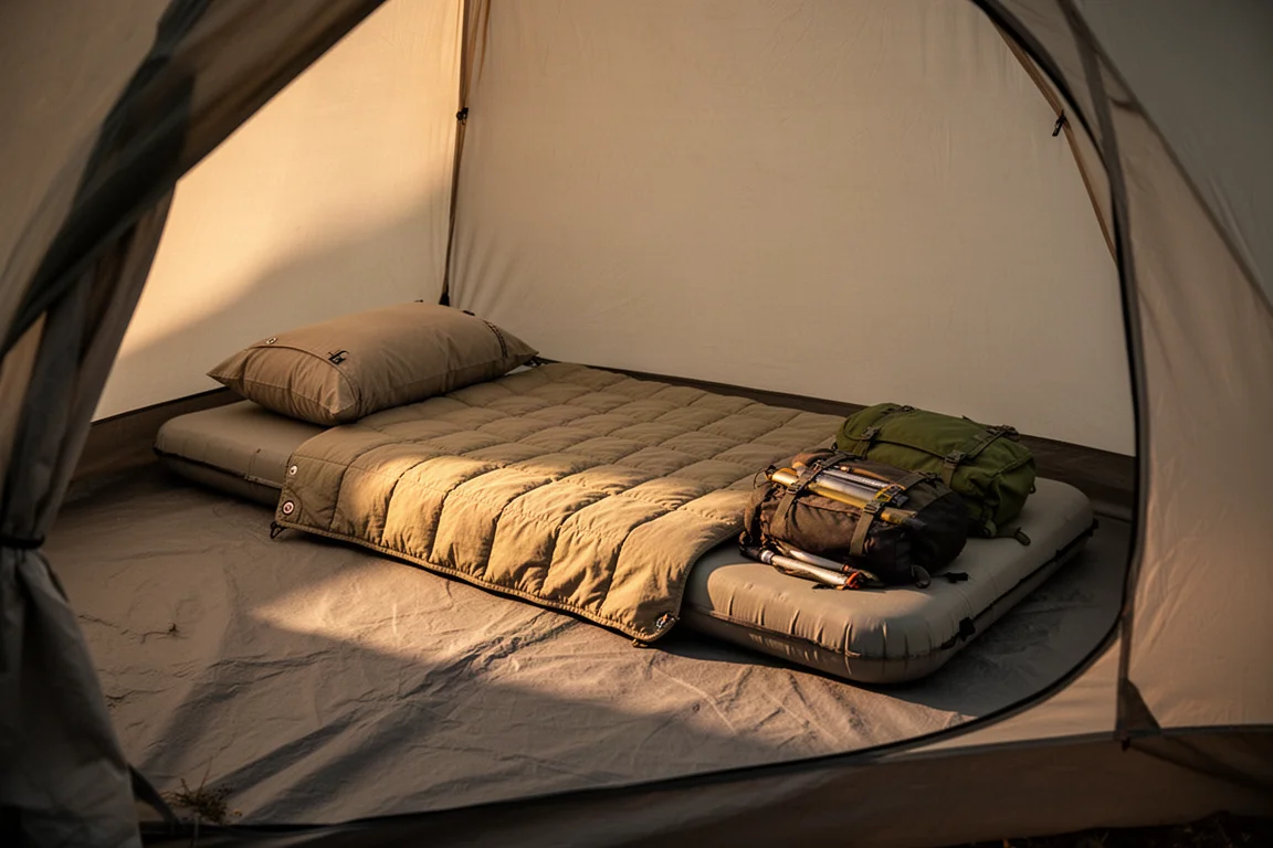 Campamento en una mañana cálida con una colchoneta acolchada parcialmente doblada bajo la luz del sol