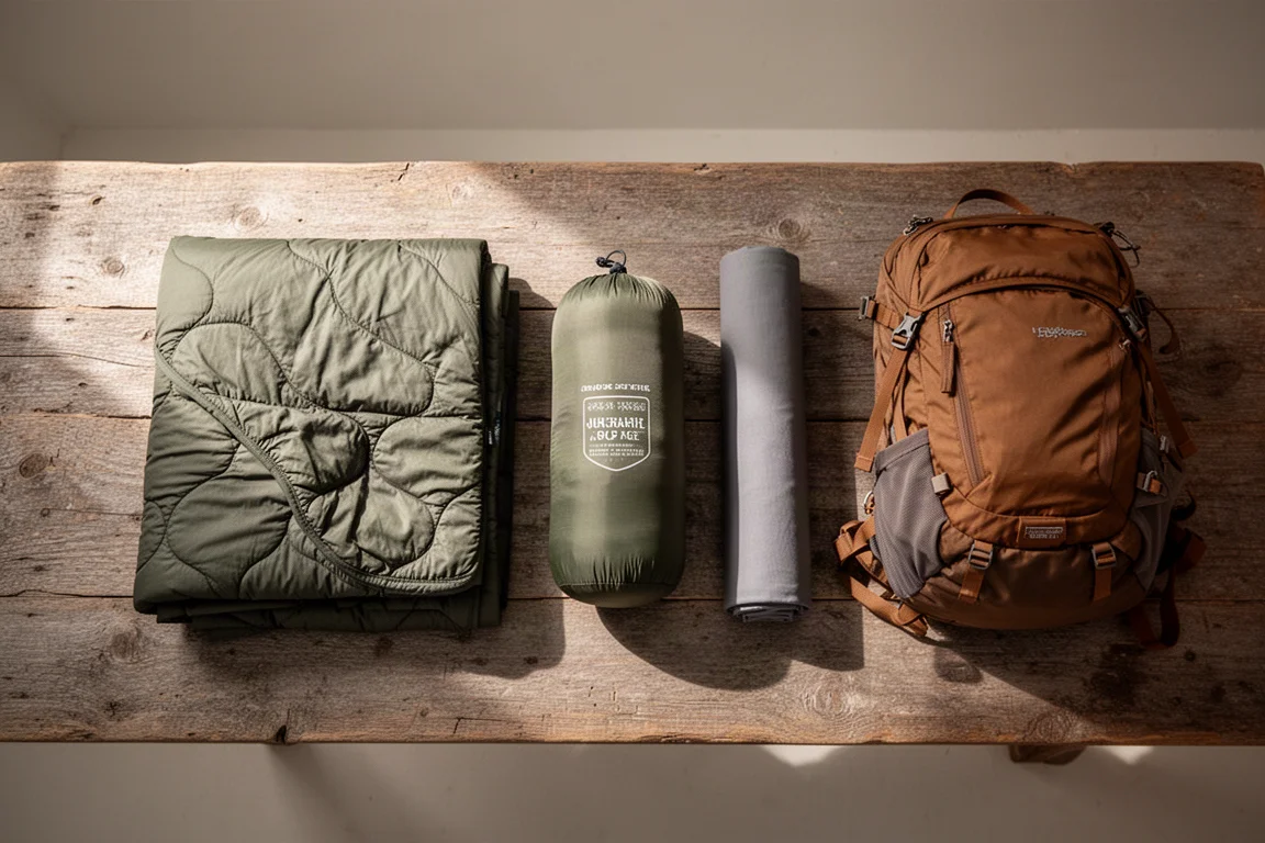 Vista superior plana de colcha ultraligera, sábana, almohada y bolsa de transporte sobre hormigón